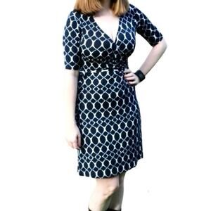 Gili Trista V-Neck Circle Print Faux Wrap Dress Blue White Womens Large Office
